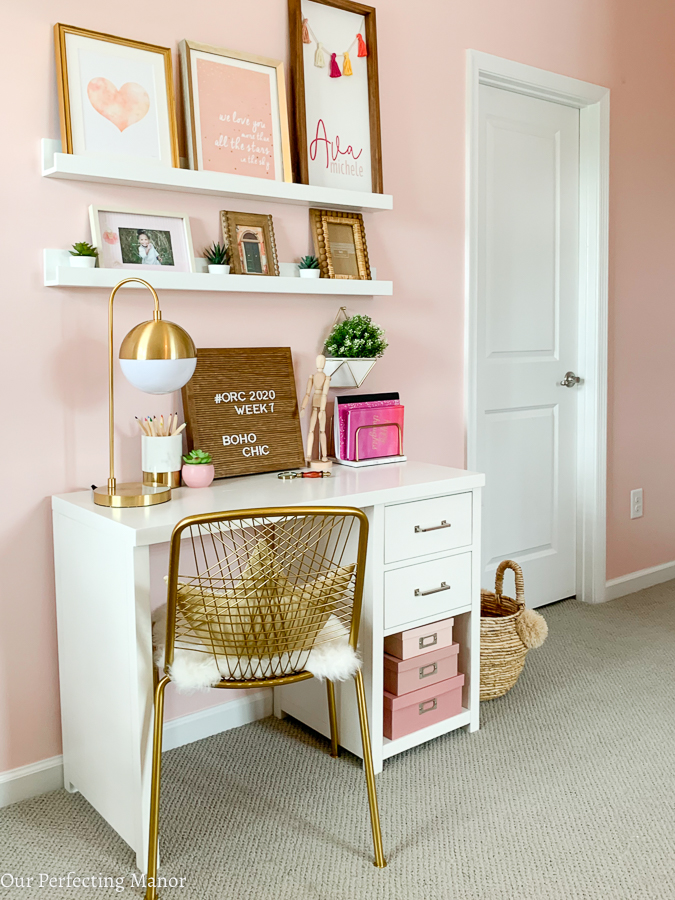 Boho bedroom desk and floating shelves.