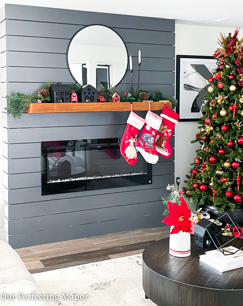 Shiplap fireplace with Christmas stockings