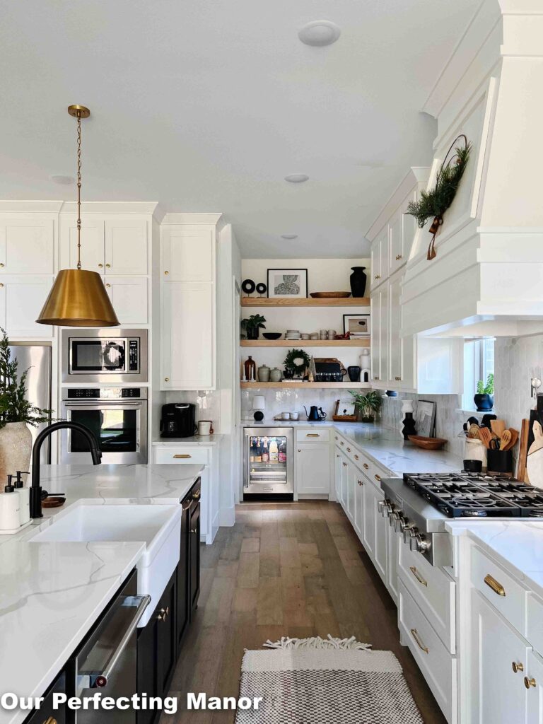 Neutral kitchen decorated for Christmas